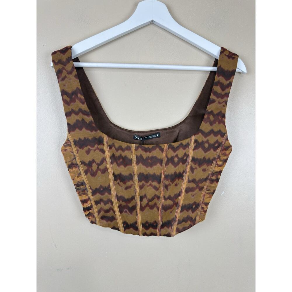 NWT Zara Mesh Corset Top Bustier Size M Brown Geometric Print Y2K Boho Chic